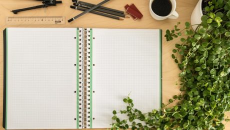 Sistema Duale: imparare lavorando. Immagine di un quaderno aperto su una scrivania con vicino una tazza di caffè, accessori d'ufficio e una pianta.